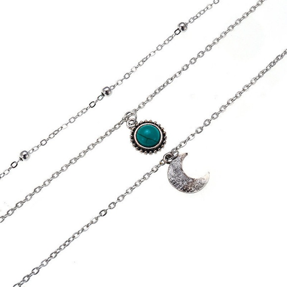 Boho Silver Moon Turquoise Pendant Layer Necklace - Picture 4 of 8